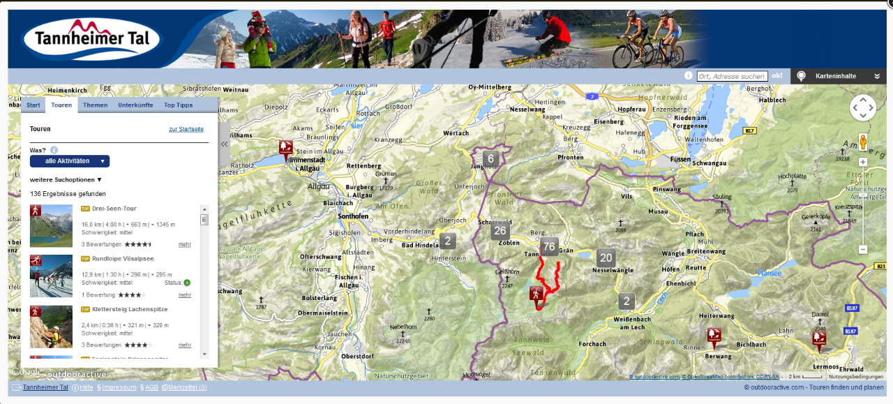 Interaktive Wanderkarte des Tannheimer Tals und Jungholz. Quelle: Tannheimertal.com